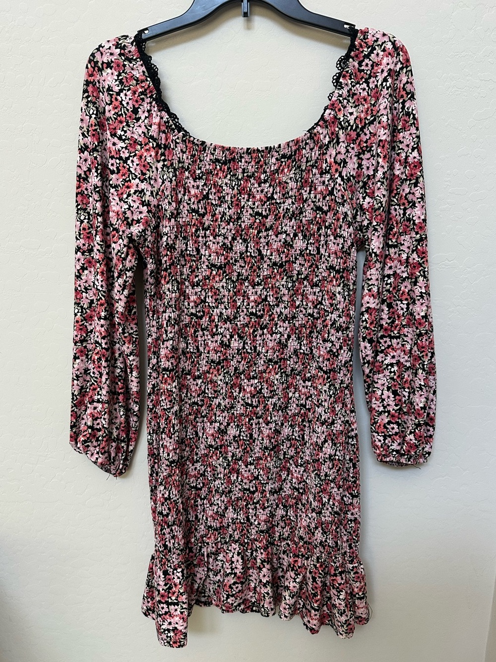 Almost Famous Pink & Black Floral Smocked Long Sleeve Mini Dress - Picture 9 of 9